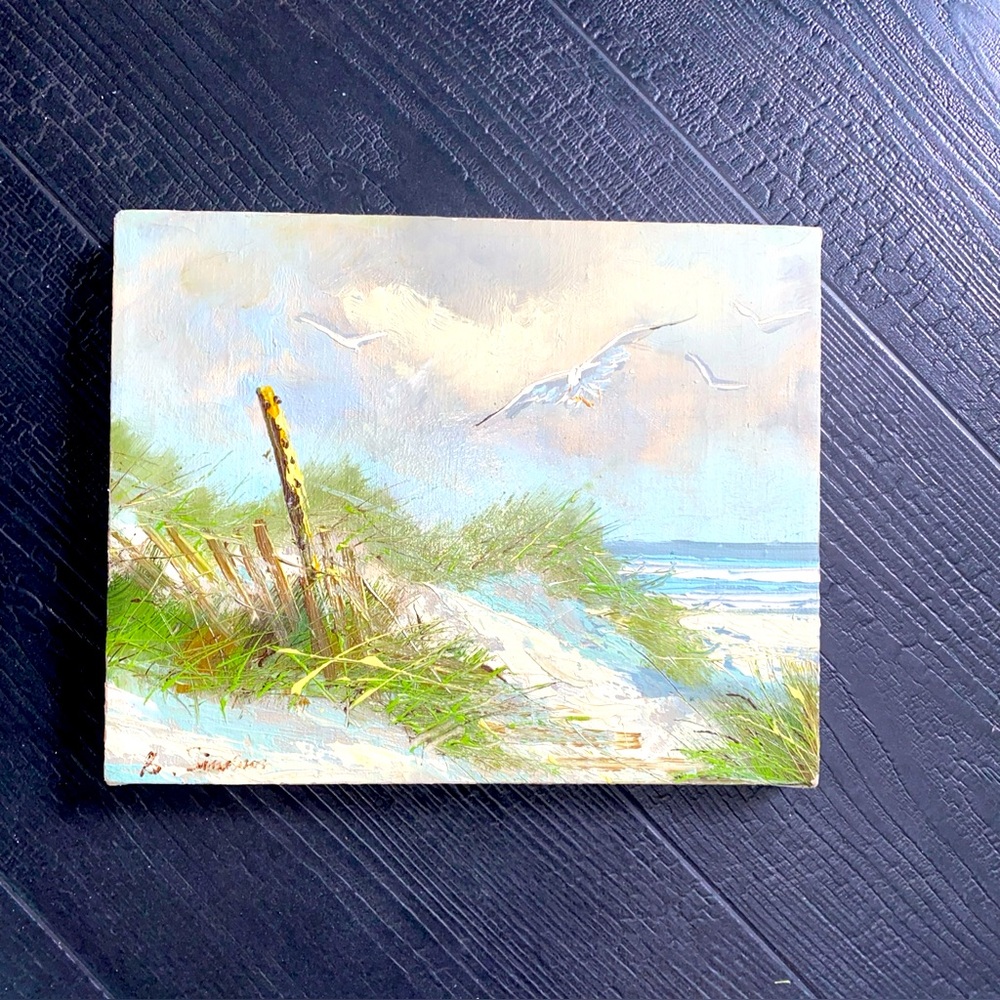 Vintage Oil Painting 10”x 8” Seascape Ocean Beach Birds Signed B. Simpson